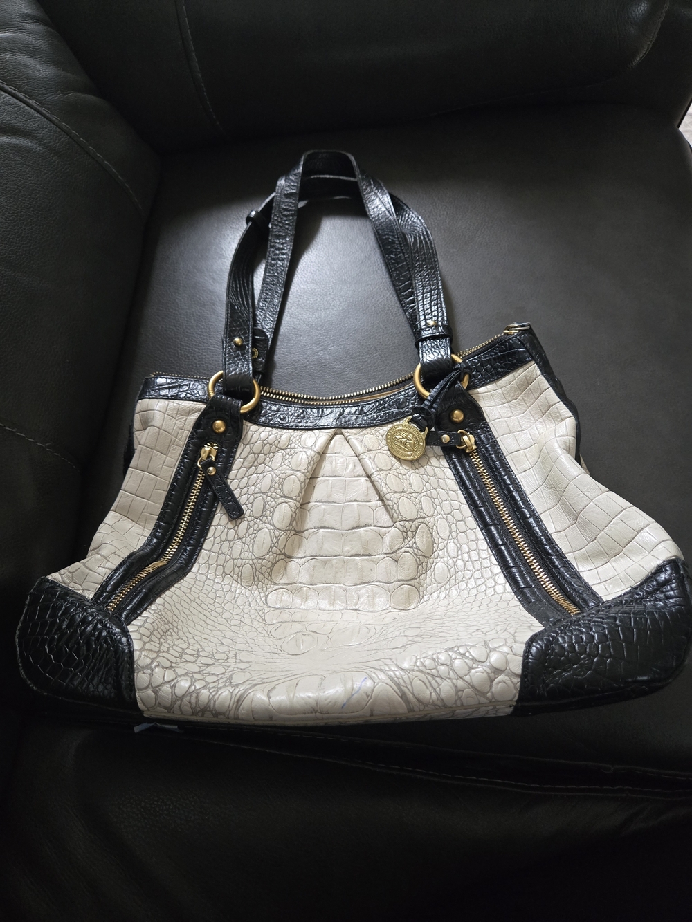 Brahmin Cream and Black Croc-Embossed Shoulder Bag with Gold Hardware